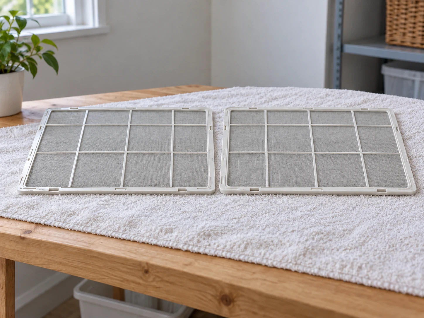 Two washable air conditioner filters resting flat on a towel