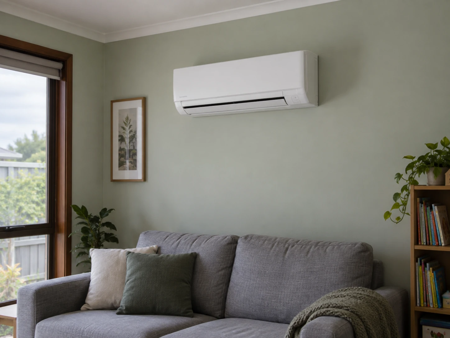 Wall split air conditioner above a living-room sofa