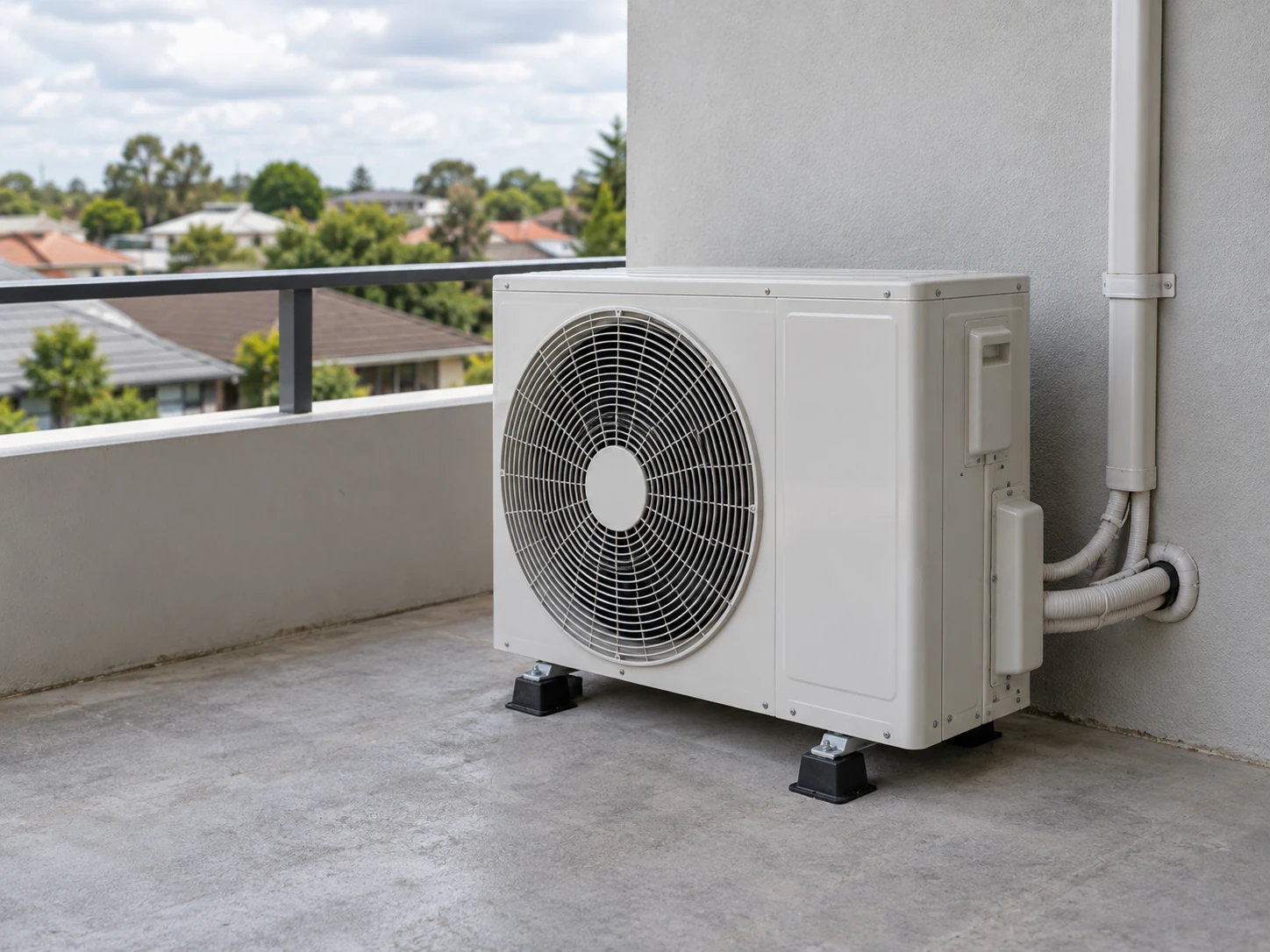 Outdoor air conditioning unit on an apartment balcony