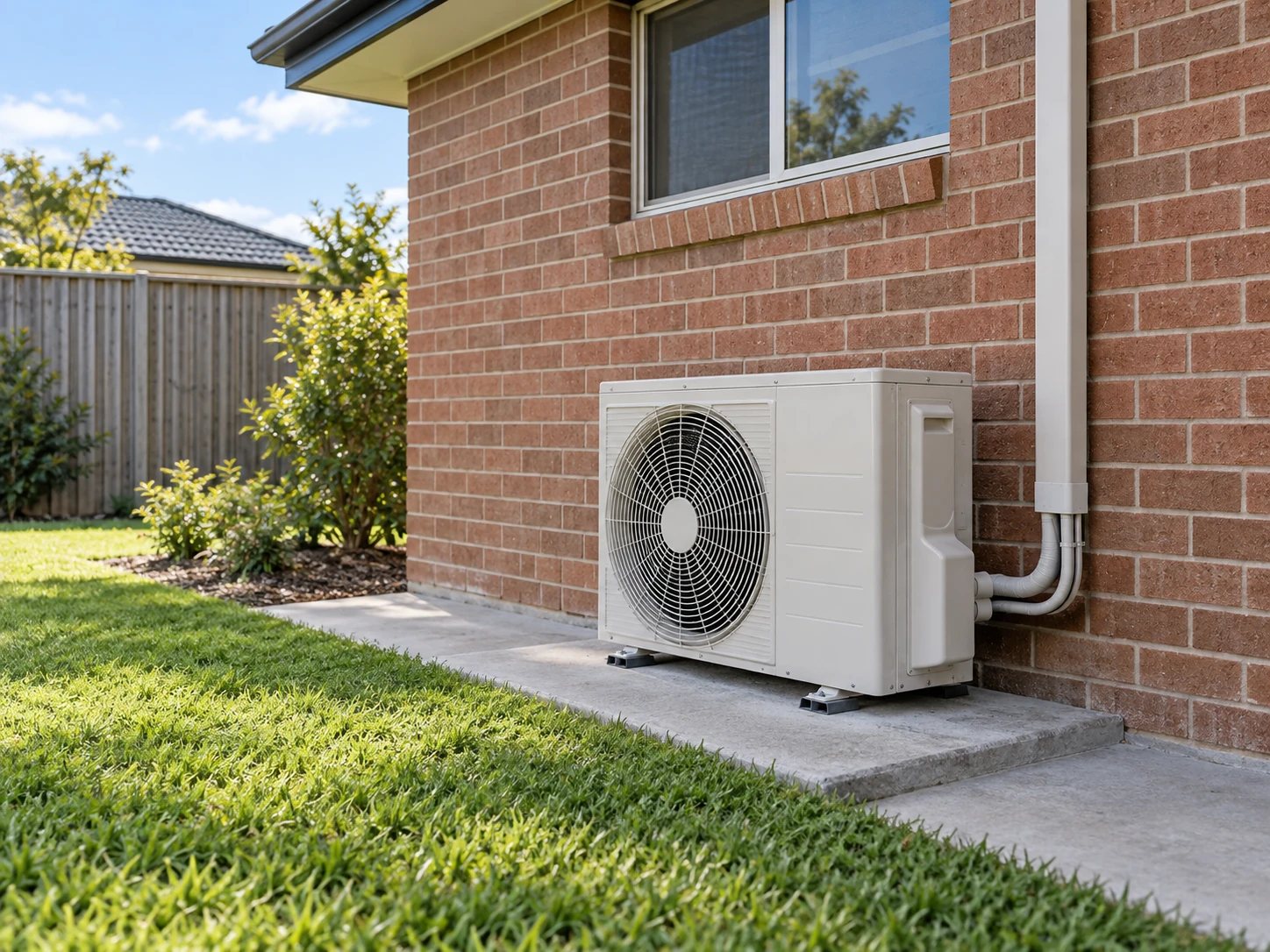 Outdoor air conditioning unit beside a brick wall